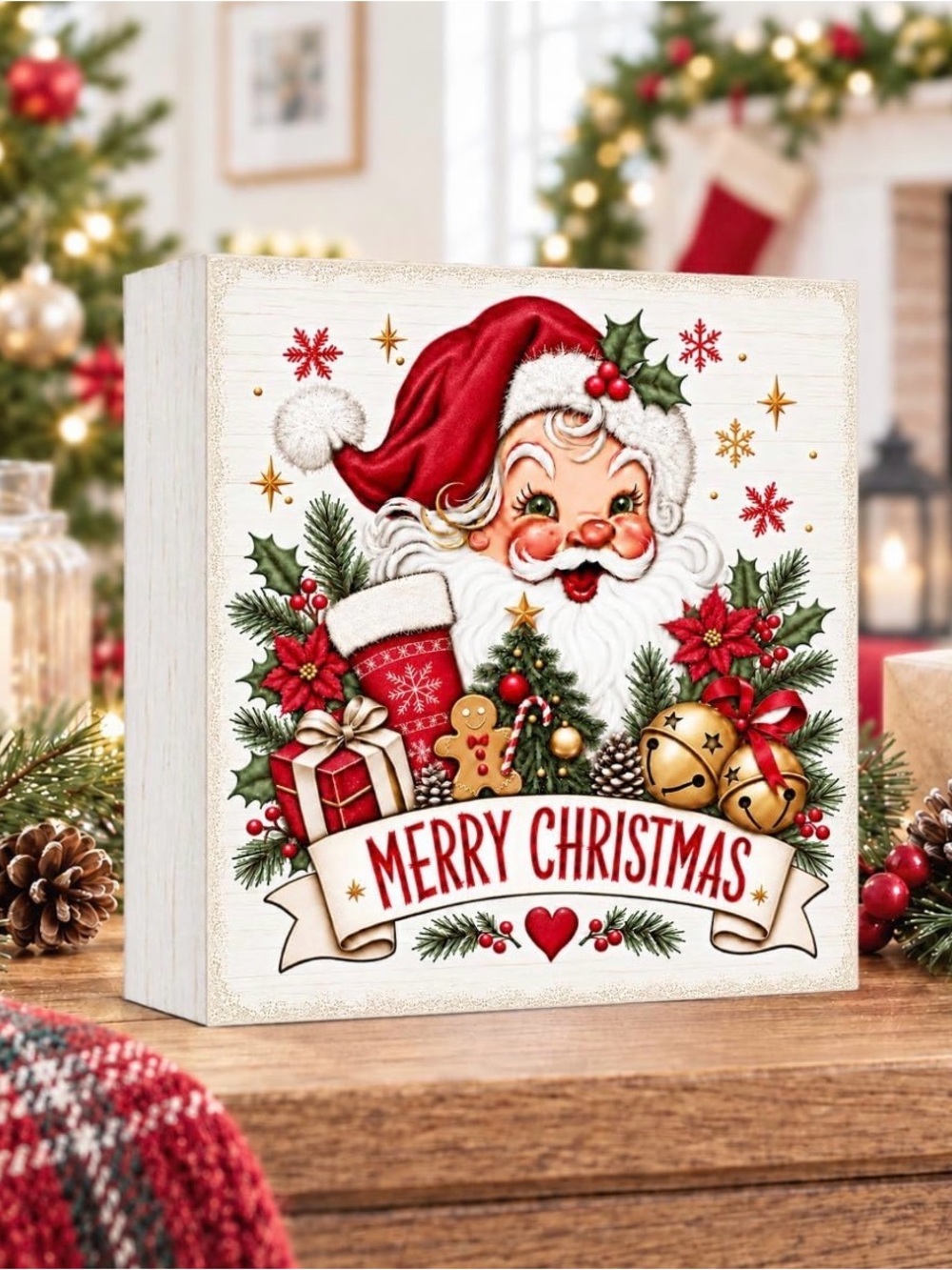 Festive Merry Christmas Santa Holiday Block Sign - Red